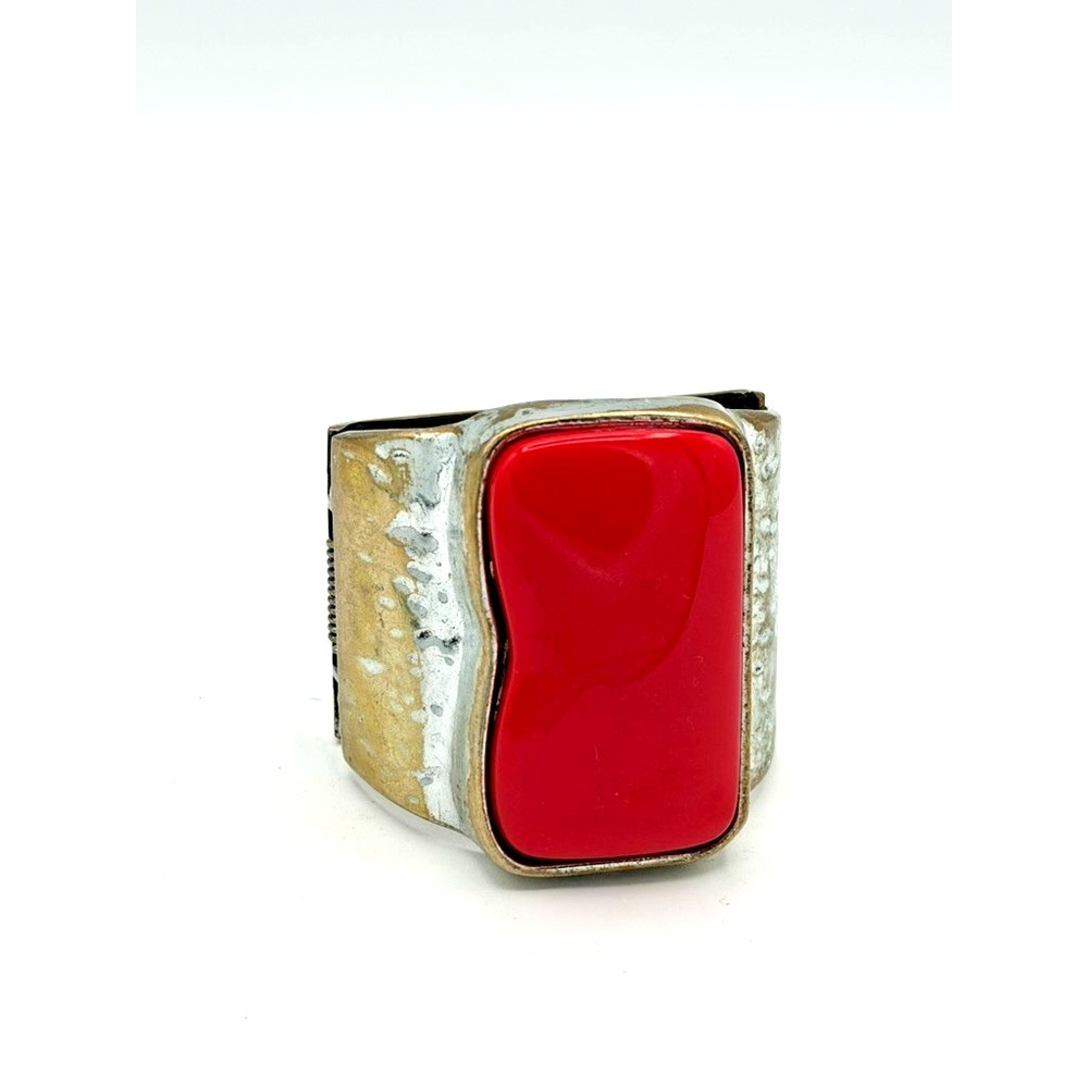 Chunky Modernist Hinged Cuff Bracelet Red Lucite Silver Gold Tone Unmarked